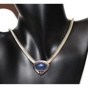 Vintage Sterling Silver Lapis Lazuli Pendant Necklace Herringbone Chain 18”